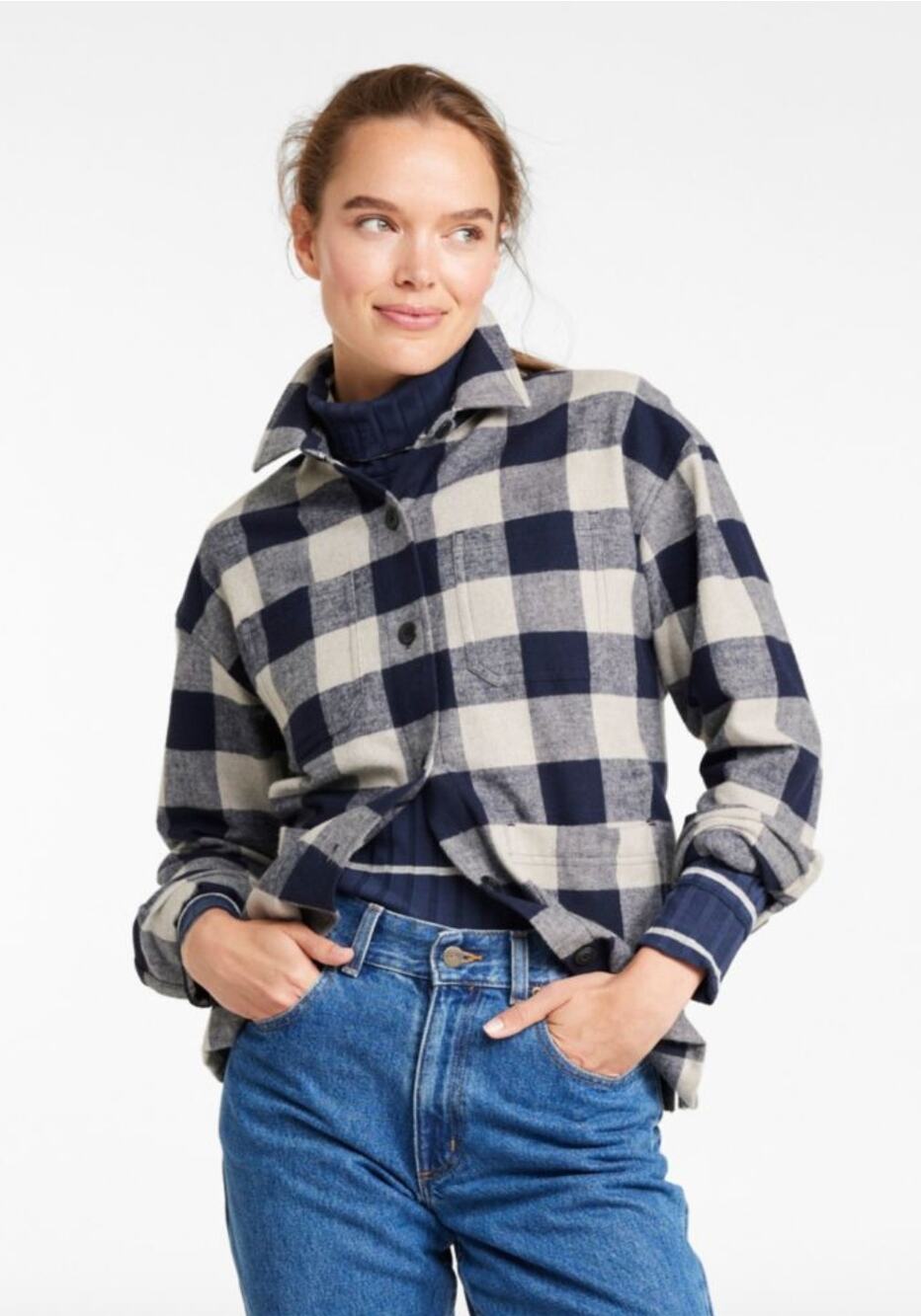 L.L. Bean Signature Chamois Shirt-Jacket Shacket Navy White Plaid Womens L